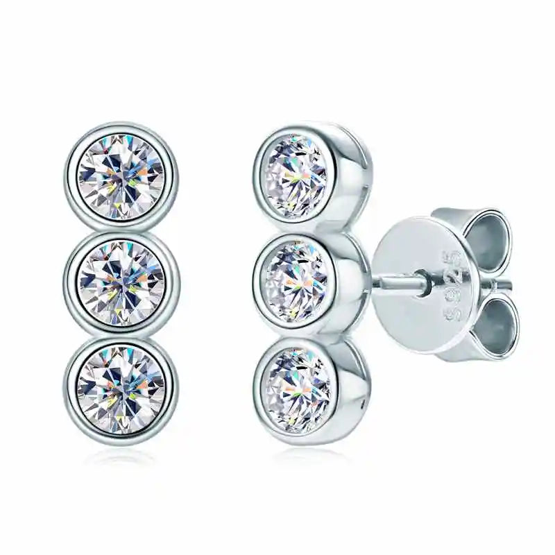 Lnngy Bezel Setting 3mm Moissanite Earrings 925 Sterling Silver Three Stone Stud Earring For Women Girls Fashion Daily Jewelry