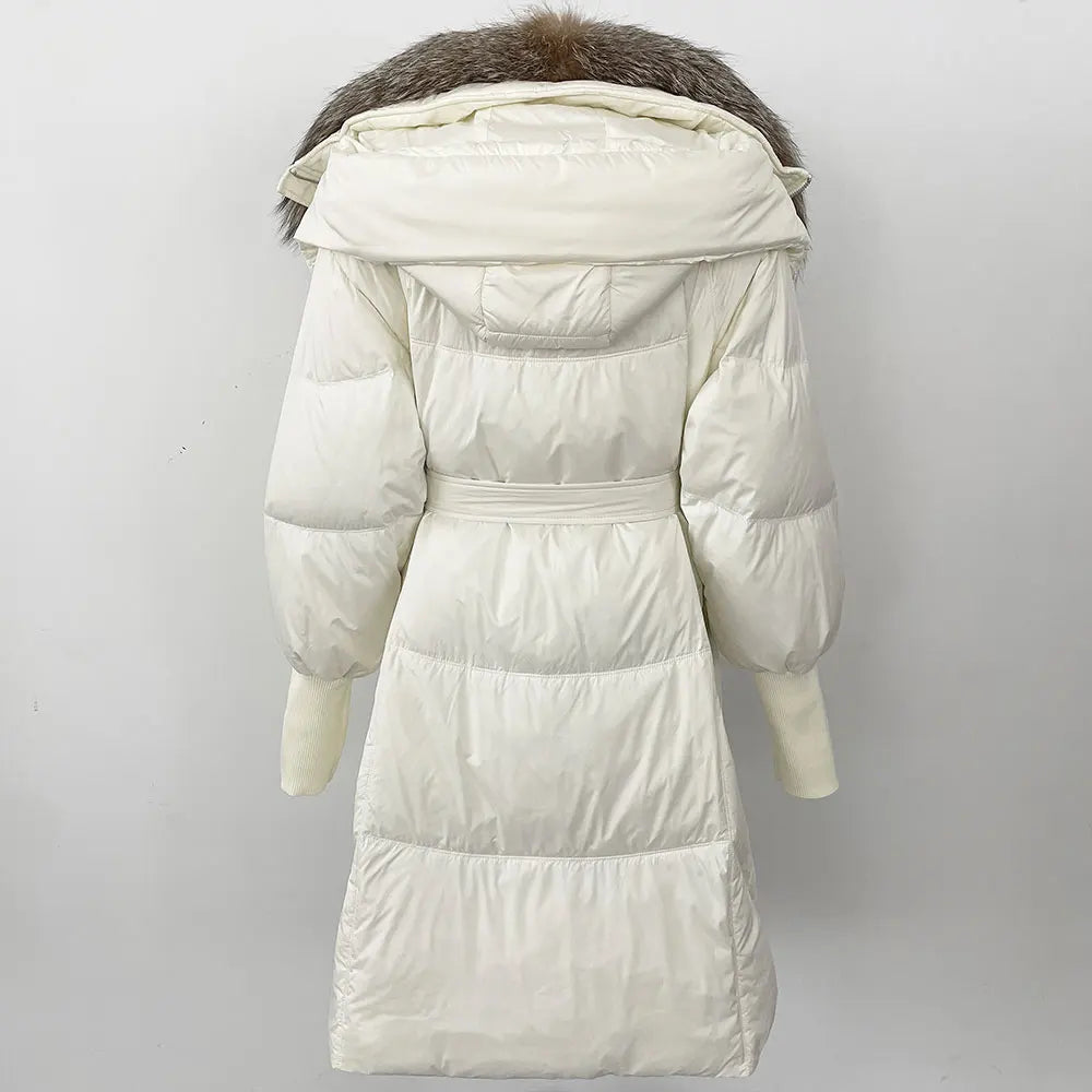 2025 Autumn Winter Women Coat Real Natural Fox Fur Long Down Jacket Thick Warm Casual Hooded White Duck Down Elegant Overwears