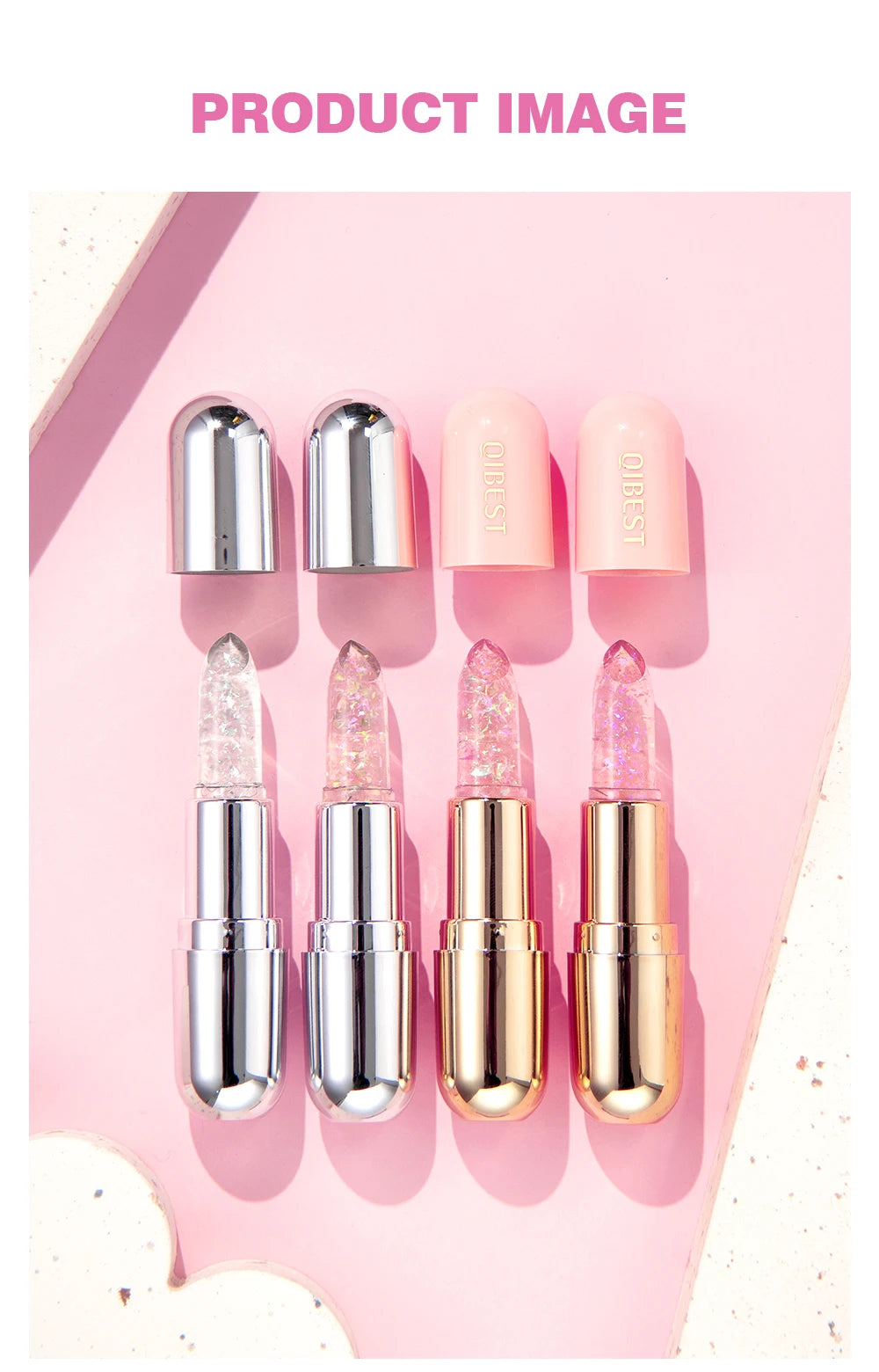QIBEST Glitter Lipstick Lip Balm Color Change Transparent Moisturizing Crystal Jelly Pearlescent Lip Plumper Gloss Tint Cosmetic