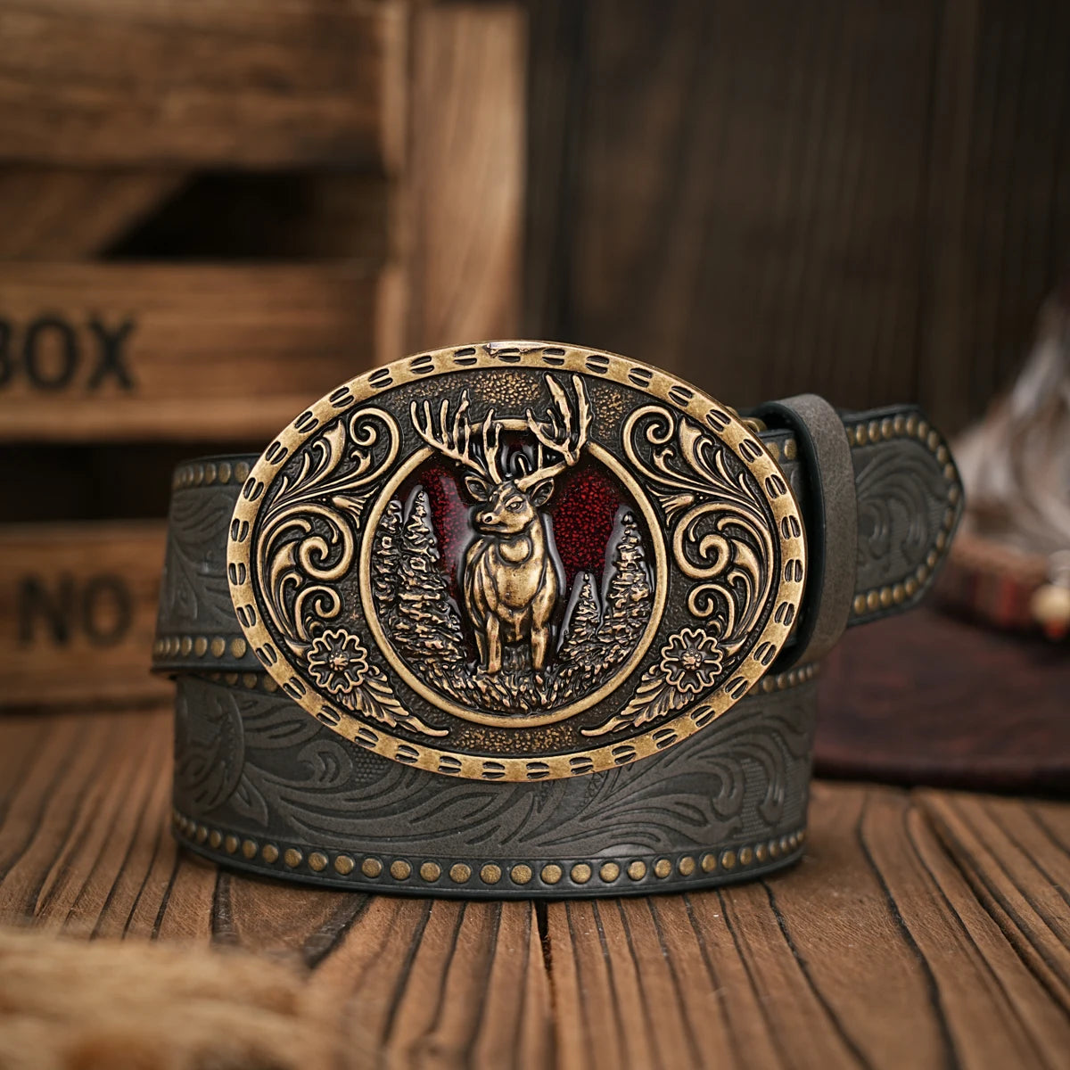 Men - Women - Western Denim - pu leather - Belt - Vintage jeans with floral carved buckle belt