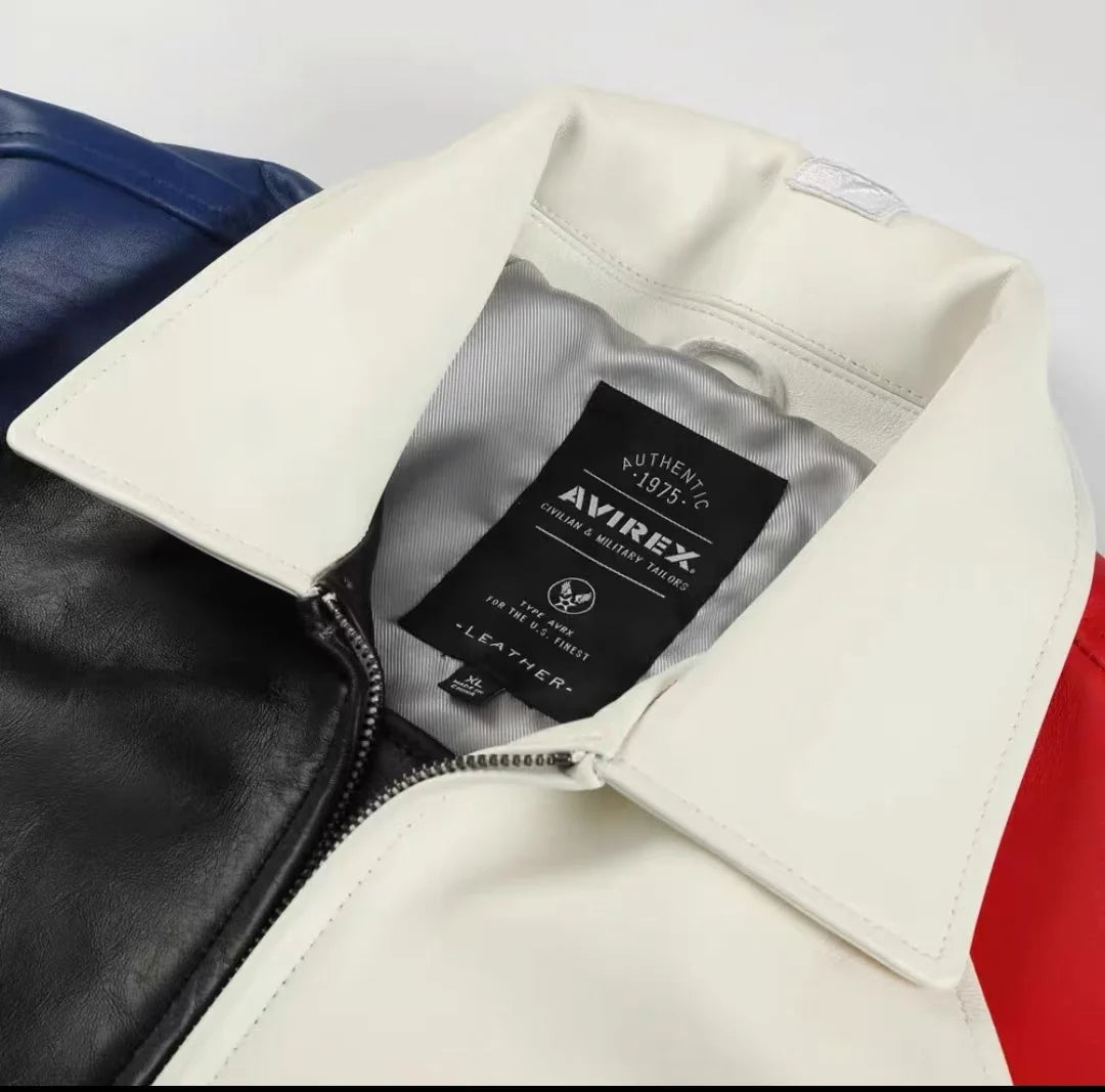 Avirex Colorblocked Men's French Sheepskin Jacket Flight Suit Genuine Leather Leather Jackets US Size Fashion Casual Coat tops