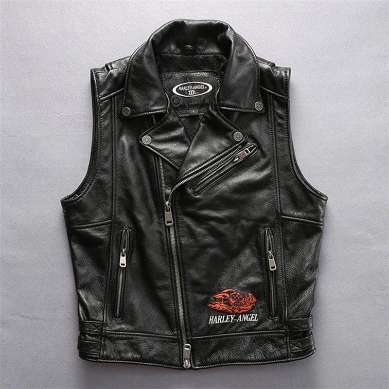 Slim street leather undershirt casual head layer cowhide vest men women couple models motorcycle sleeveless jacket