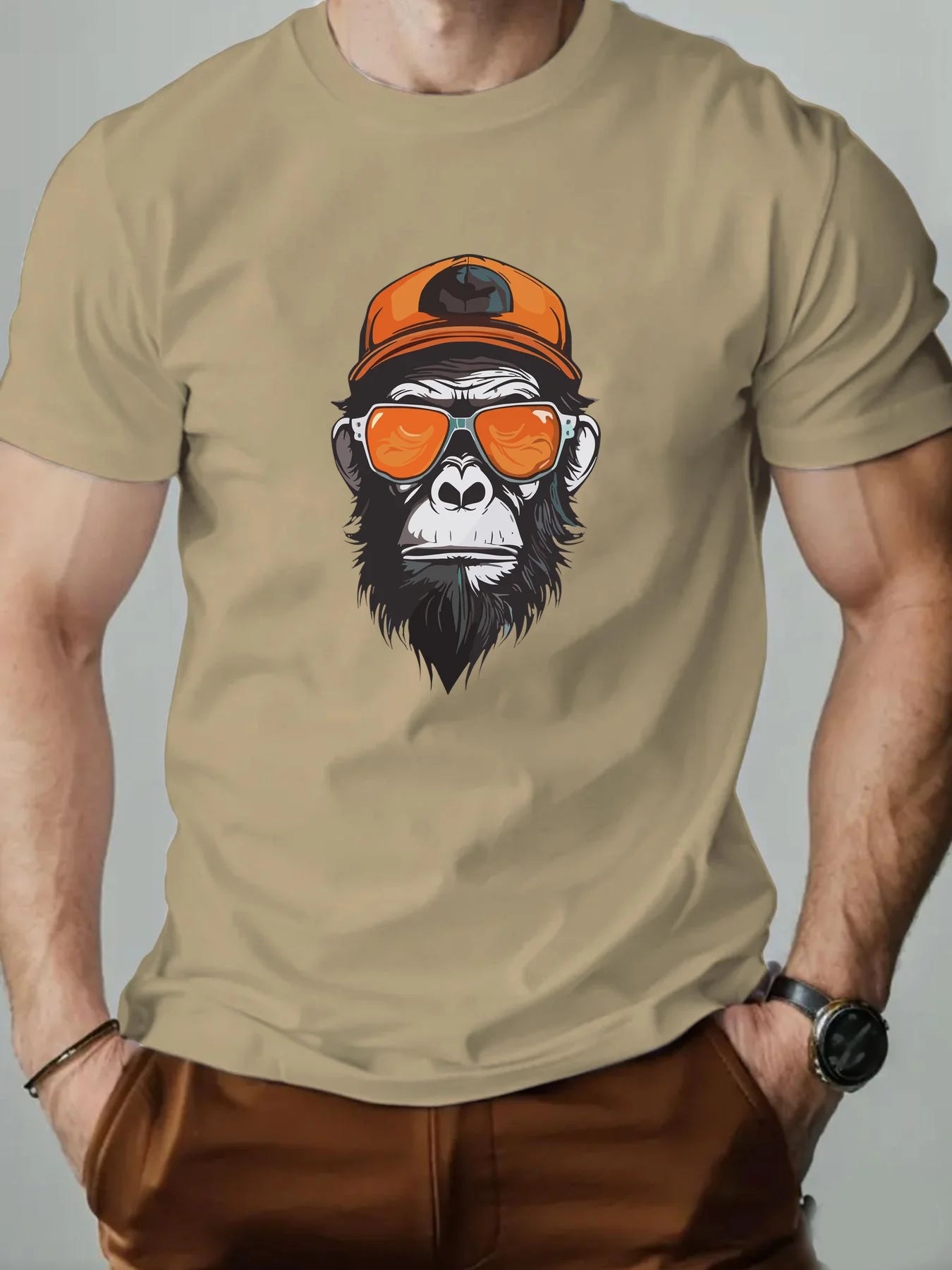 Men's summer 100% pure cotton fashionable casual sports loose monkey with sunglasses π glasses pattern printed round neck short sleeved T-shirt top