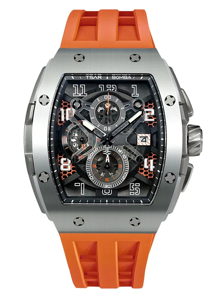TSAR BOMBA Luxury Mens Watch Top Brand Wristwatch Tonneau Clock Rubber Strap Chronograph Sapphire Watches for Men