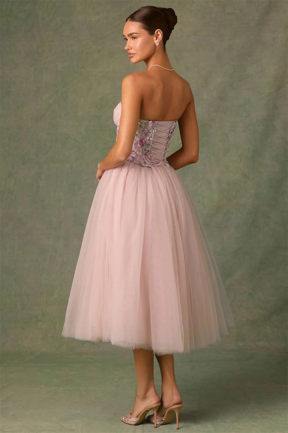 Mila Pink Sweetheart Neck Customized Party Dresses Flower Sleeveless Prom Dresses Elegant Lace-Up Tra-length Evening Dresses