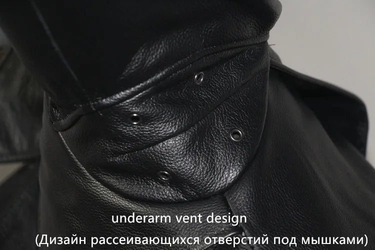 Men's Leather Trench Coat, Genuine Cowhide, Double Breasted, Extended Length Trench Long Coat Windproof Belt, Autumn Winter,6XL