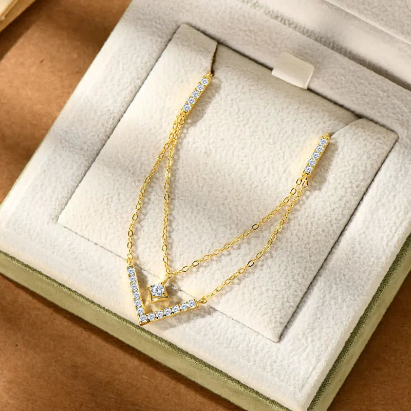 Lnngy Sparkling 3mm&1.8mm Round Moissanite Necklace 925 Sterling Silver Fashion V-Shape Necklaces for Women Fine Jewelry Gift
