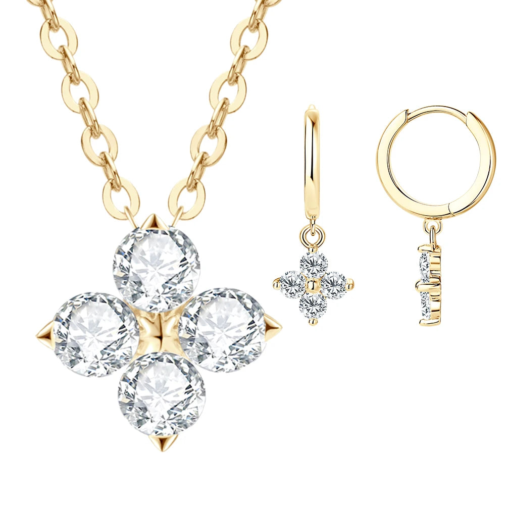Lnngy Certifited 925 Sterling Silver Four Leaf Clover Earrings Jewelry Set For Women 3MM Moissanite Earring Pendant Necklace