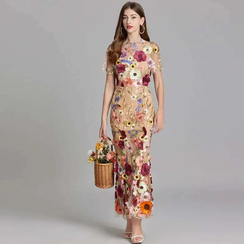 French Luxury 3D Flower Fishtail Lace Prom Dress – Women's Summer Short Sleeve Midi Evening Dress