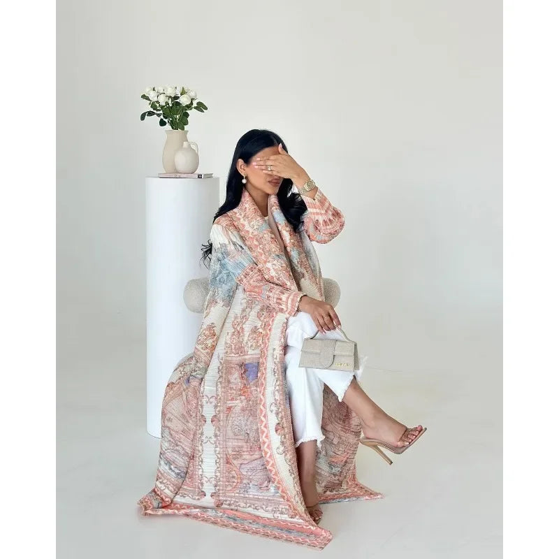KAF Pleated Women Abaya 2025 Spring Fall New Fashion Retro Printed Cardigan Design Loose Large Size Arab Luxury Robe Female