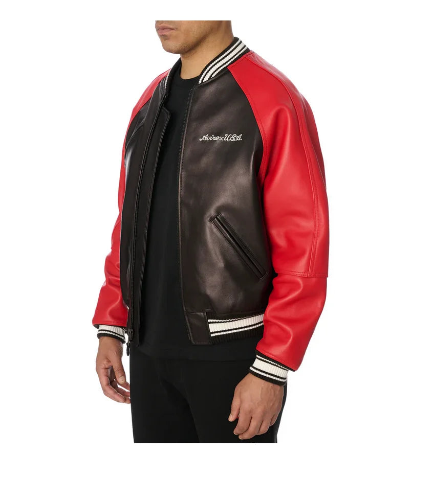 Avirex New Europe Antique Sheepskin Baseball 100% Genuine Leather Varsity Jacket Embroidered Logo Fashion US Size men's Coat Top
