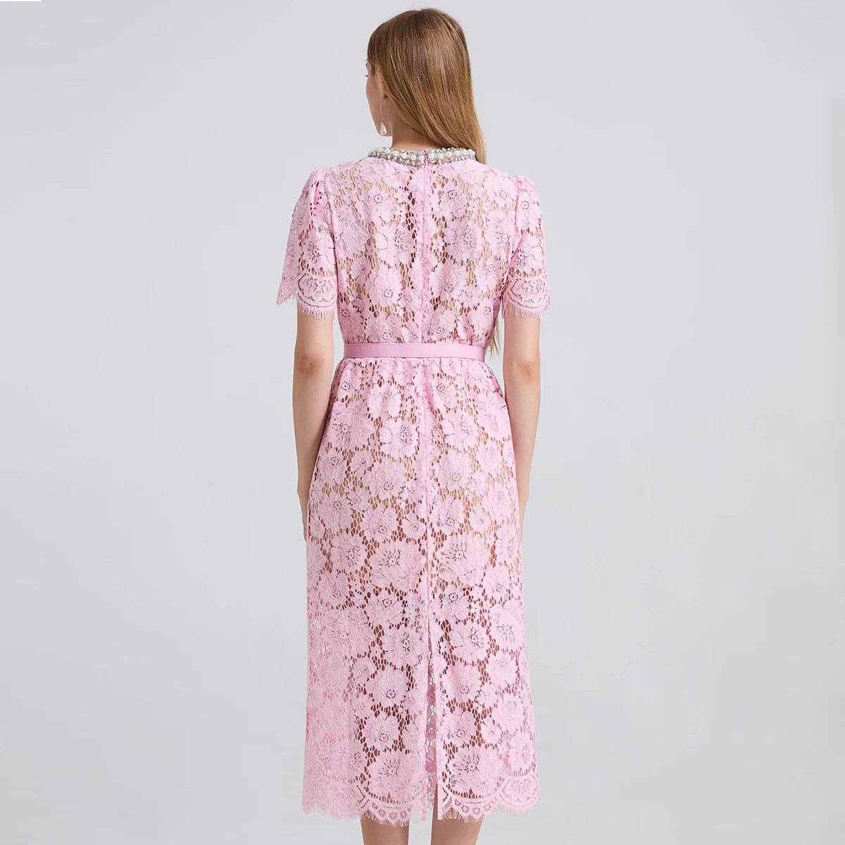 Luxury Eyelash Lace Mid-Calf Party Dress – Women’s Summer Short Sleeve A-Line with Crystal Beading, Hollow-Out Design – Pink Bridesmaid & Prom Gown