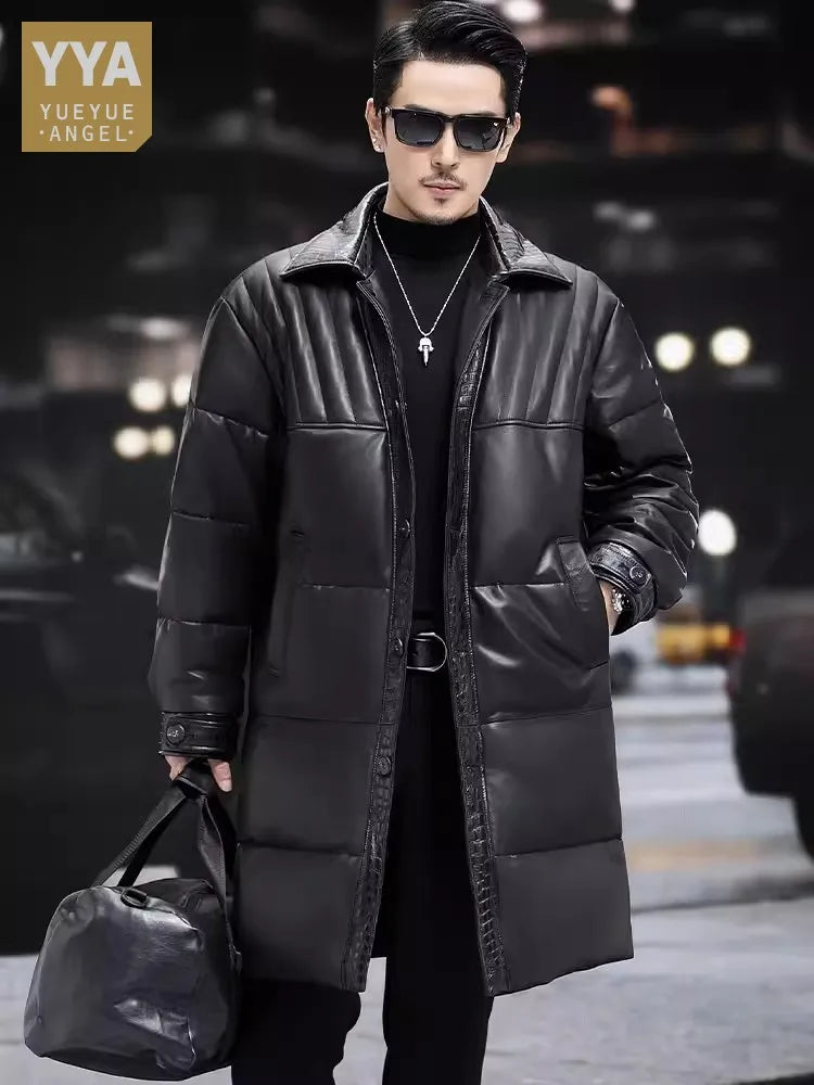 Winter Mens Sheepskin Genuine Leather Down Coat Thicken Warm Single Breasted Turn-Down Collar Medium Length Overcoat Size 5XL