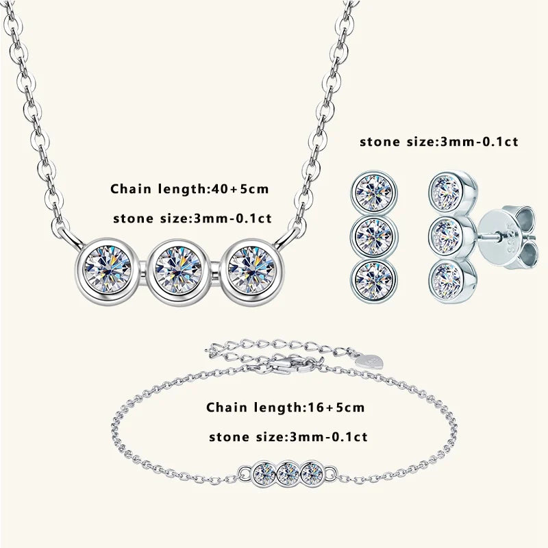 Lnngy 925 Sterling Silver Three Stone Stud Earrings Bracelets 3mm 0.1ct Moissanite Necklace Bracelet For Women Jewelry Set