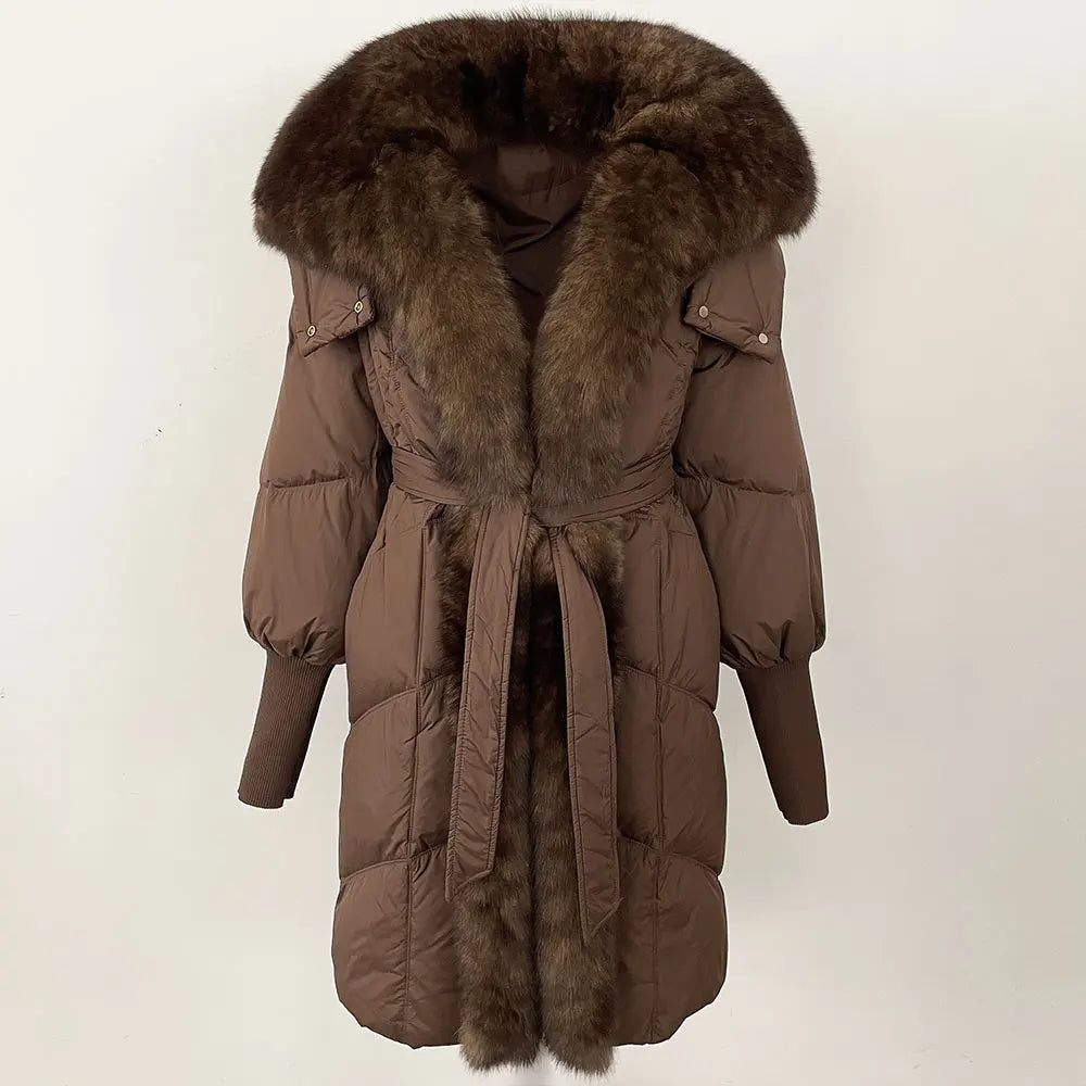 2025 Autumn Winter Women Coat Real Natural Fox Fur Long Down Jacket Thick Warm Casual Hooded White Duck Down Elegant Overwears