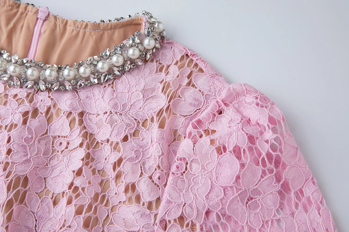 Luxury Eyelash Lace Mid-Calf Party Dress – Women’s Summer Short Sleeve A-Line with Crystal Beading, Hollow-Out Design – Pink Bridesmaid & Prom Gown