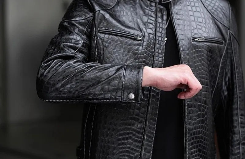 Males Luxury Natural Sheepskin Crocodile Pattern Jacket Stand Collar Slim Fit Straight Autumn Genuine Leather Motorcycle Jackets