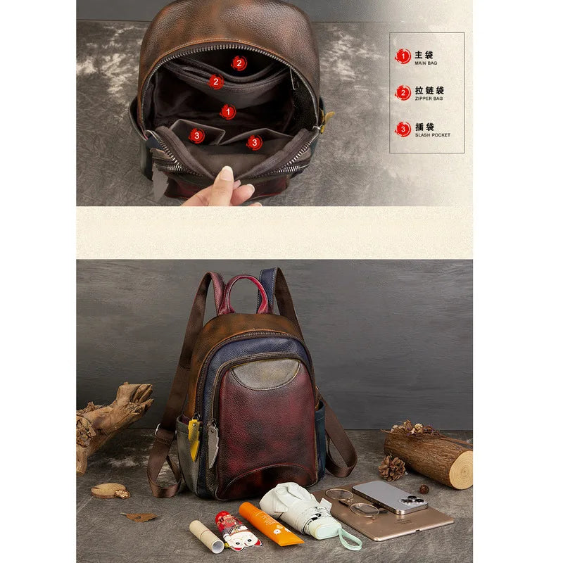 MOTAORA 2025 Soft Cowhide Leather Backpack Large Capacity Two-Tone Spliced Hand Painted College Student Travel Hiking Casual Bag
