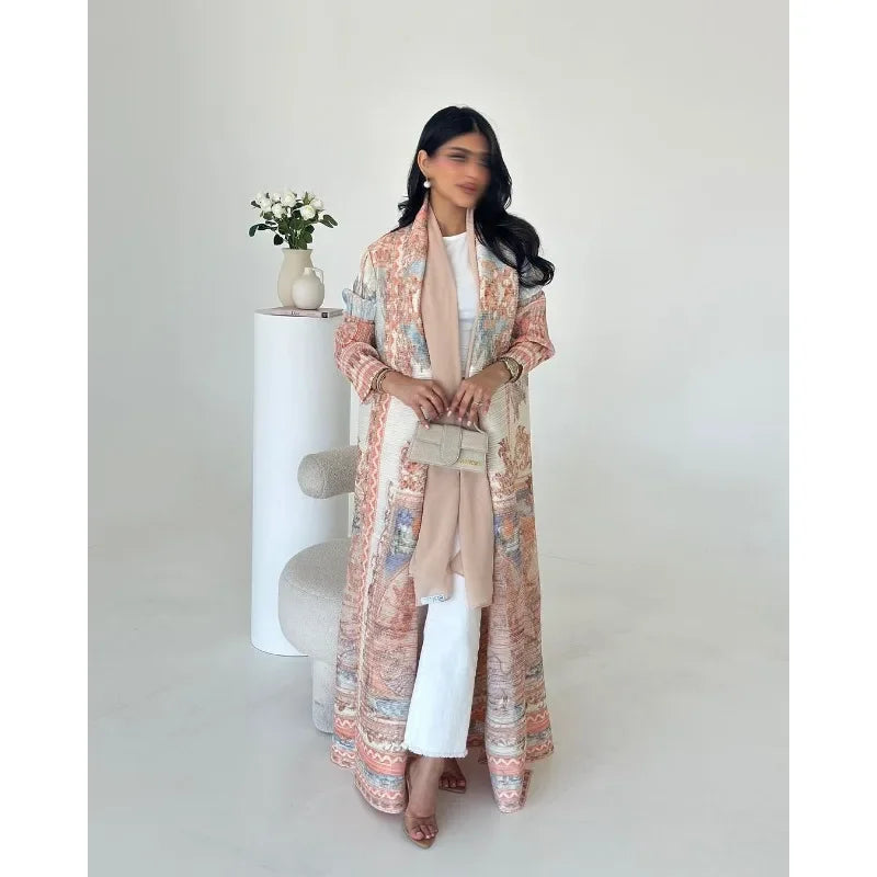 KAF Pleated Women Abaya 2025 Spring Fall New Fashion Retro Printed Cardigan Design Loose Large Size Arab Luxury Robe Female