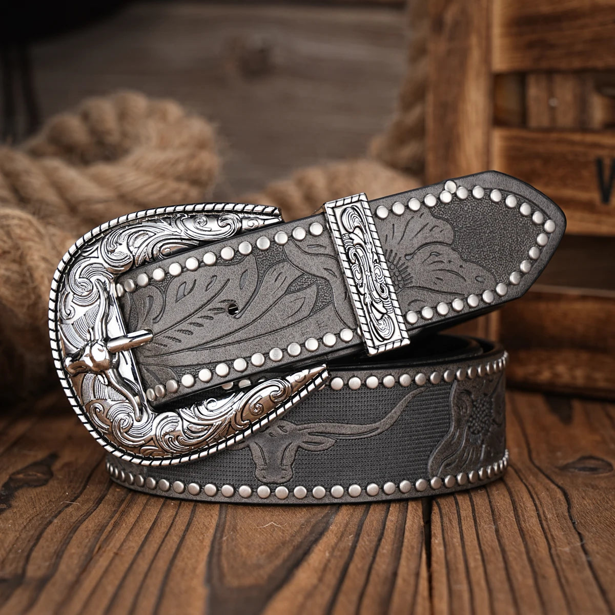 Men Women-Western-Cowboy-PU Leather-Belts - Vintage Belt Floral Engraved Buckle Belt for Jeans