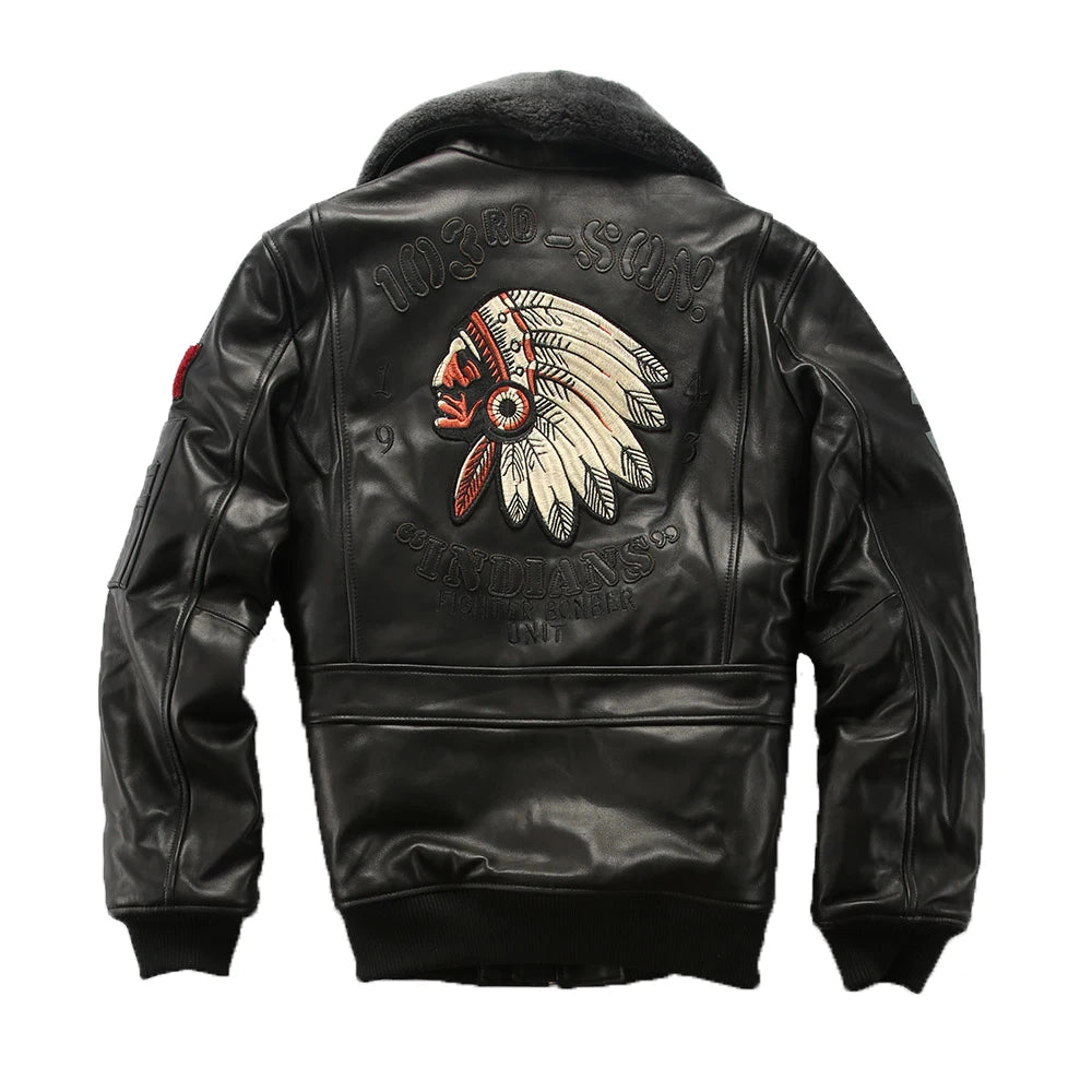 Sheepskin G1 Pilot Clothing Leather Jacket Wool Collar Indian Portrait Embroidery men's Genuine Leather coat Casual Fashion top