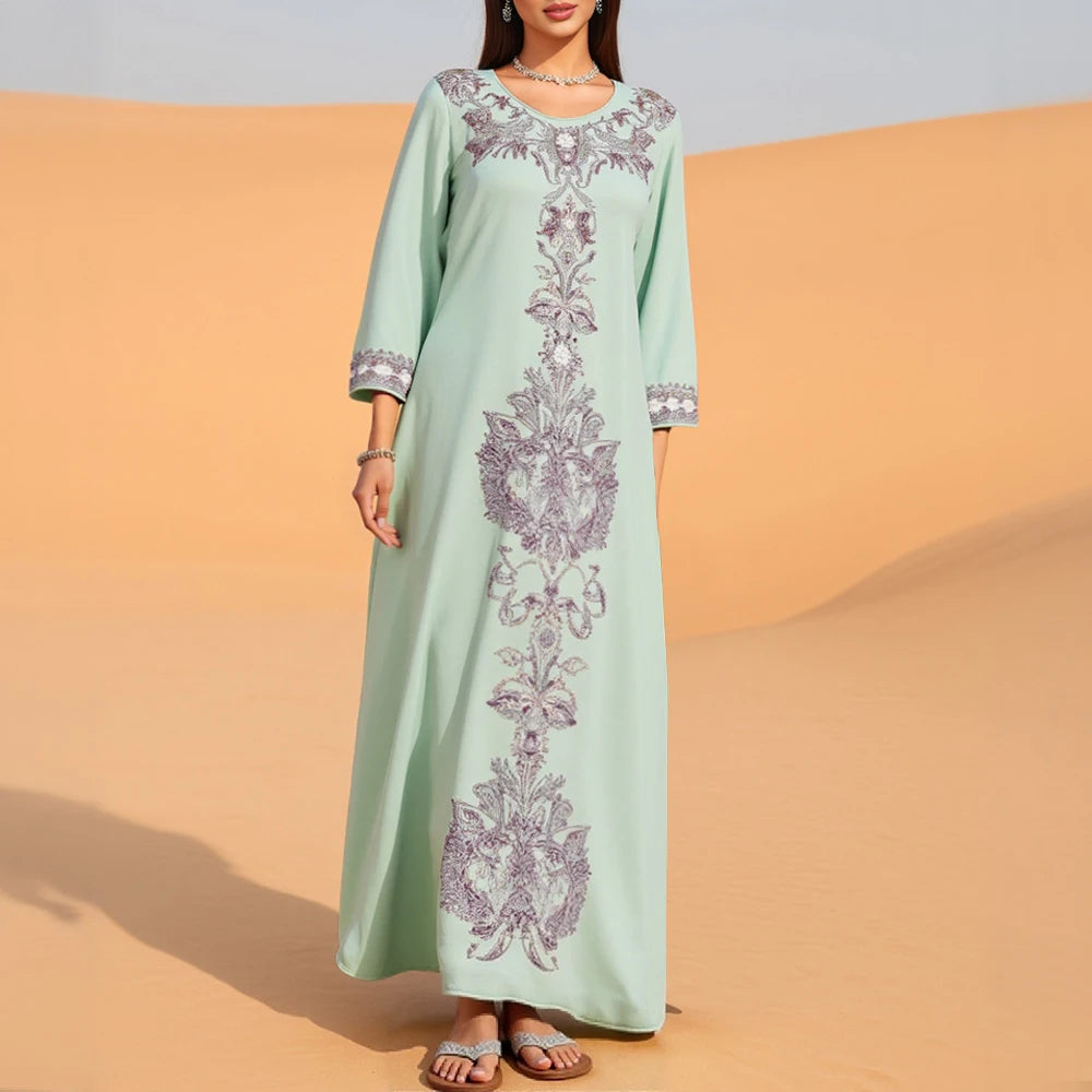 Rafiah Women's Summer 2025 Arabian Dress Embroidered Round Neck Long Sleeve Intricate Border Flared Silhouette Long Dress
