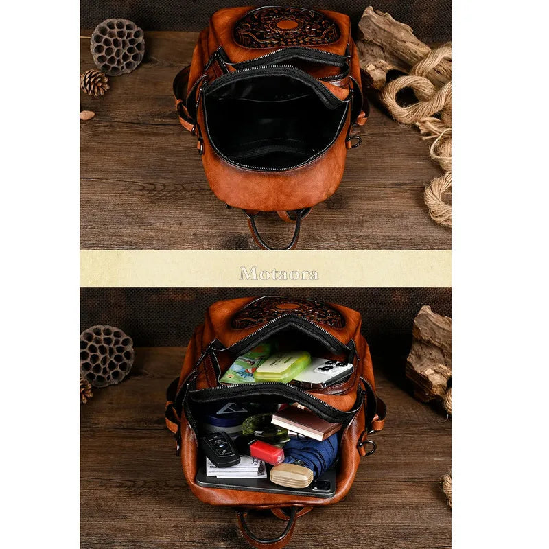 MOTAORA Vintage Leather Backpack Women Large Capacity Embossed Casual Travel Backpack Anti-Theft Waterproof Handbag Purse