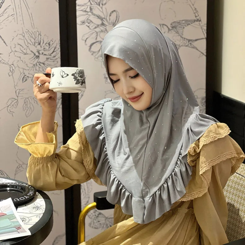 Eid Muslim Ruffles Khimar Women Instant Scarf Hijab Islamic Prayer Headwraps Shawl One Piece Amira Turban Arab Pull On Headscarf