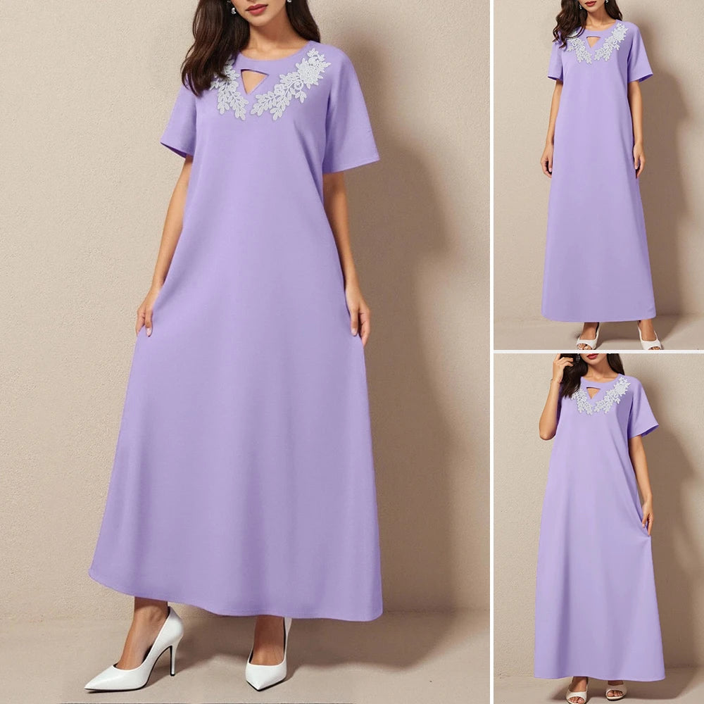 Rafiah Women's Summer Arabian Dress Loose Fit Comfortable Appliques Short Sleeve Crew Neck Midi Casual Arabian Dress