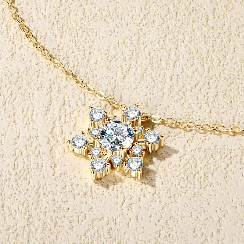 Lnngy Bling 6.5mm&3mm&2mm Moissanite Necklace 925 Sterling Silver Snowflake Pendant Necklaces for Women Christmas Jewelry Gift
