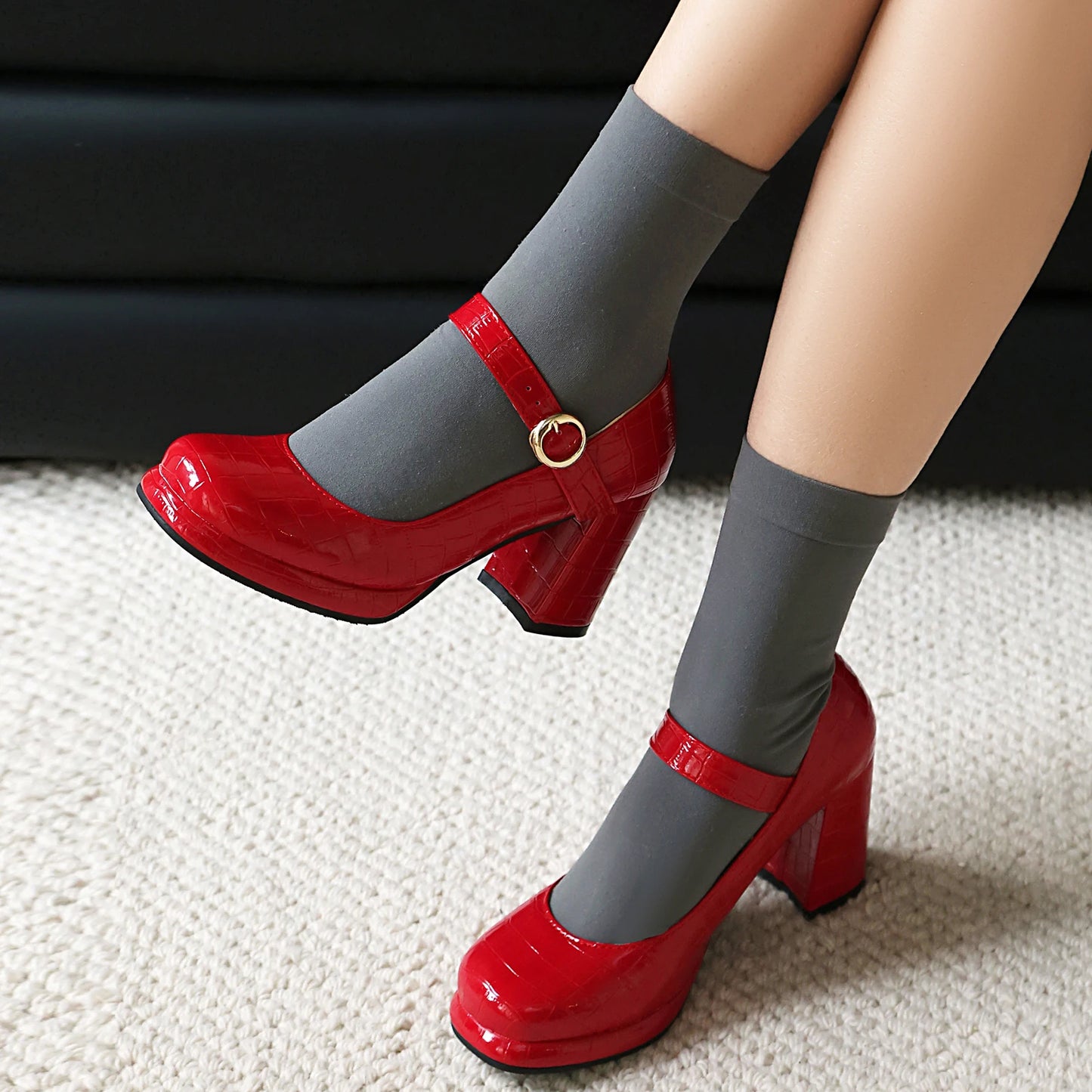 Women’s Platform Strappy Mary Jane Heels – Black & Red Patent Alligator Print – Sizes 31–50