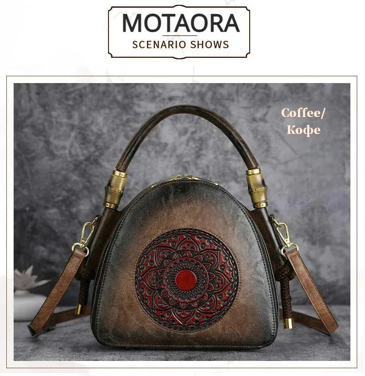 MOTAORA Bamboo Top Handle Embossed Leather Shoulder Bag, Vintage Bohemian Crossbody Purse for Women Handmade Large Capacity Tote