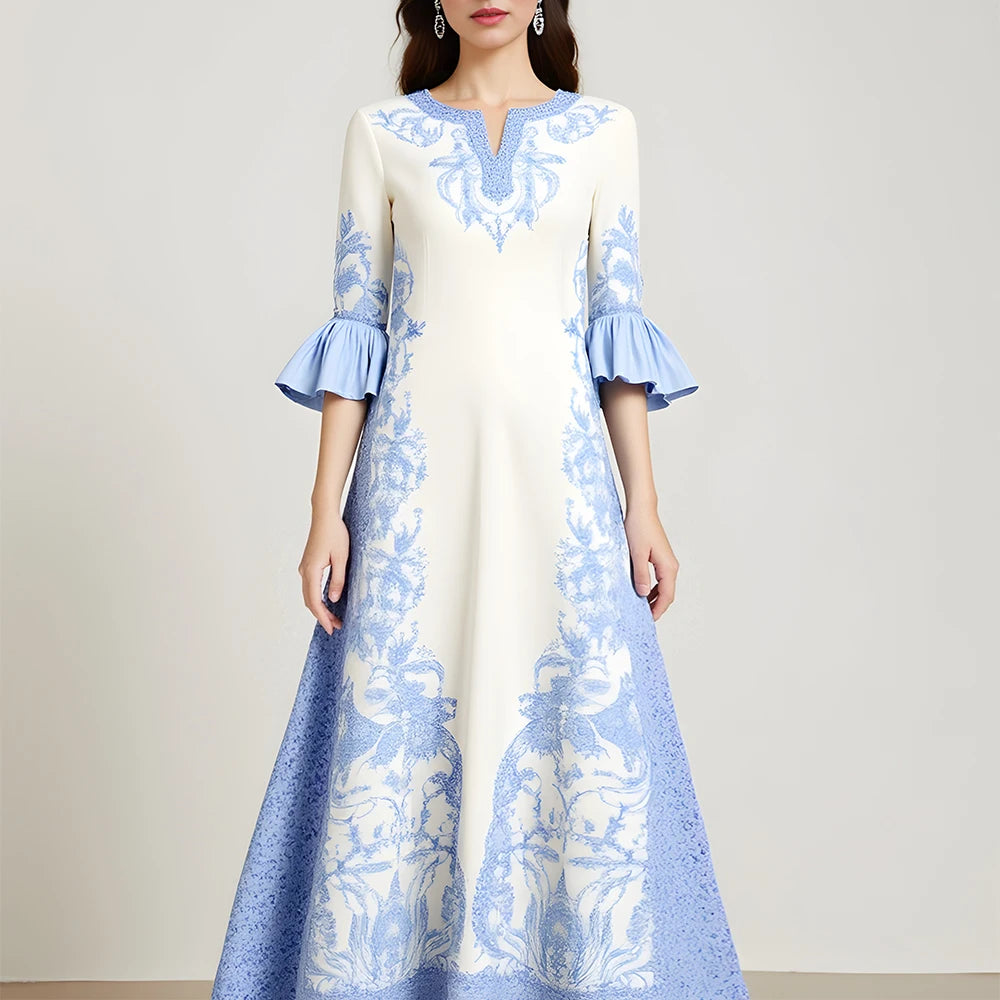 Rafiah Summer Arabian Dress 2025 Casual Traditional Graphic Printing Short Sleeve Split Neck Midi A-Line Long Dress For Women