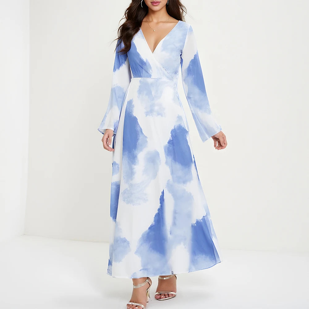 Rafiah Women's Summer Dress Elegant Ventilate Contrast Color Long Sleeve Plunge Neck Midi A-line Vacation Arabian Dress
