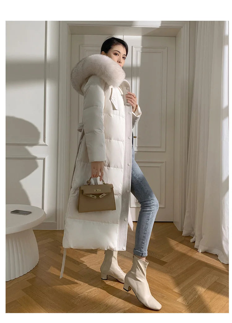 Women’s Luxury White Goose Down Coat – Hooded Long Jacket with Fox Fur Collar & Belt