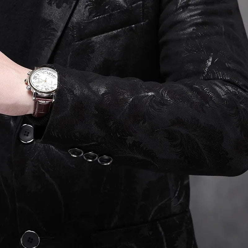 Business Men Work Slim Fit Real Sheepskin Genuine Leather Jacket Spring Autumn Floral Printed Single Breasted Blazer Suit Coat