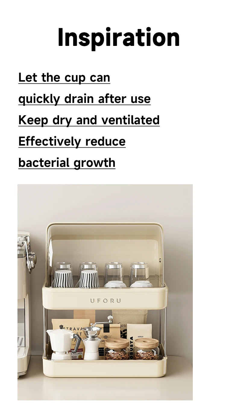 UFORU Dust-proof drain cup holder multi-function household teacups with cover large capacity milk bottle coffee cup organizer