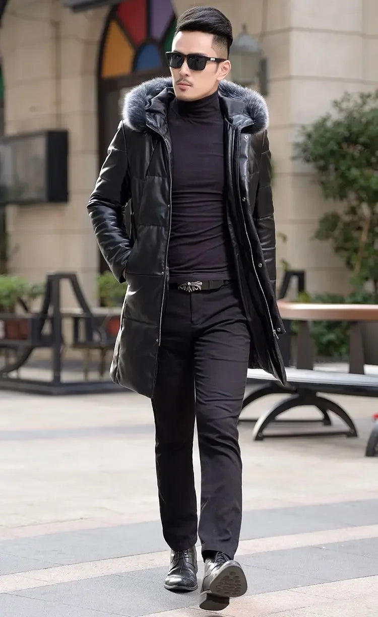 Down Jacket Genuine Leather Jacket Men's Mid Length Slim Fit Hooded Sheepskin Coat Man Puffer Jacket Winter Thicken Windbreaker
