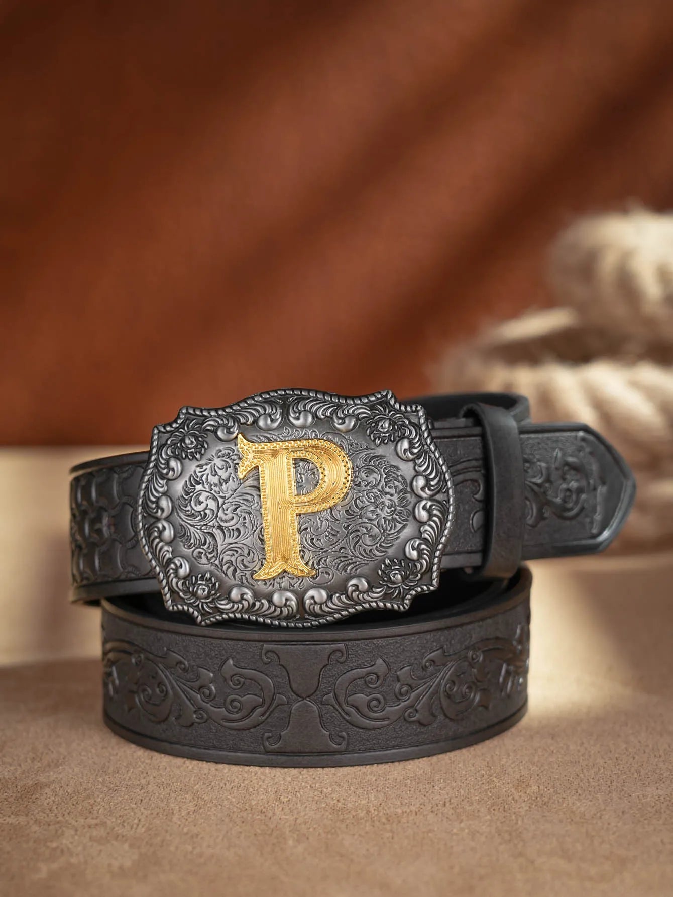 Western Cowboy PU Leather Belt - Men Waist Strap Bull Decoration Floral Engraved for Jeans
