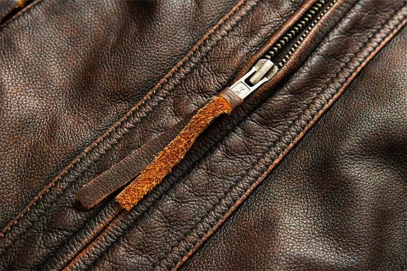 Men's Natural Leather Jacket First Layer Calfskin Stand Collar Motorcycle Jacket Retro Brown Cowhide Jacket Men‘s Biker Clothes