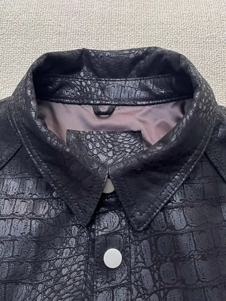 Soft Alligator Pattern Sheepskin Genuine Leather Jacket Men Slim Fit Single Breasted Business Casual Work Natural Leather Tops
