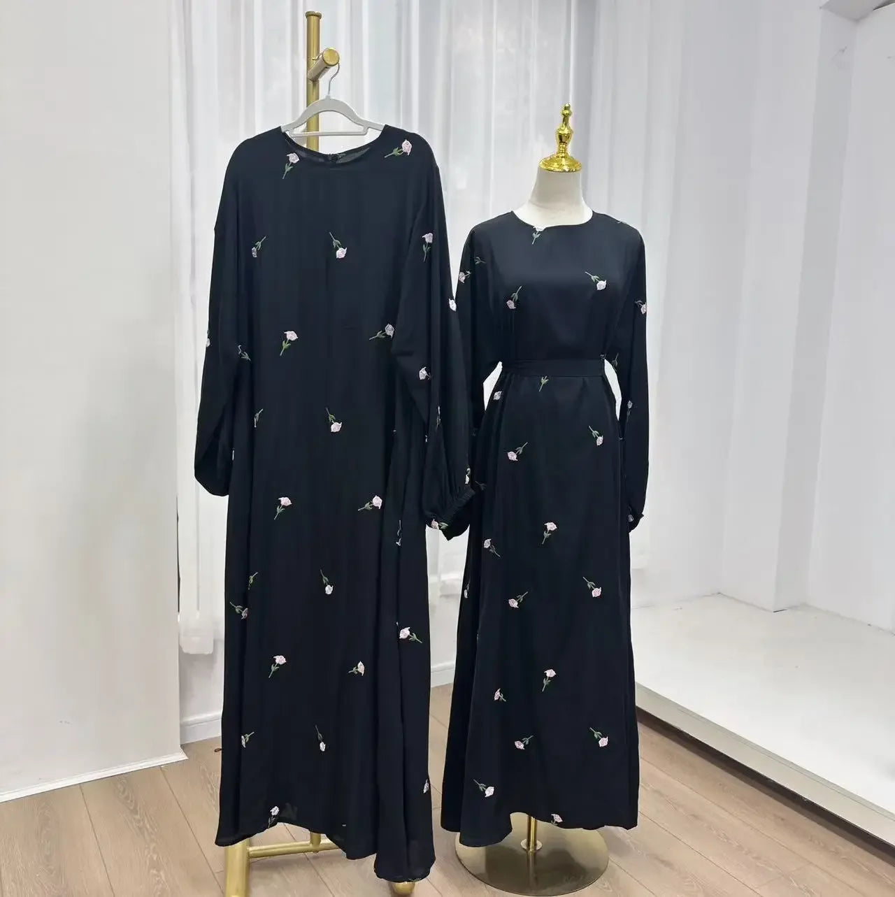 Rose Embroidery Abaya Dress for Women, Muslim Long Dress, Side Pockets, Hijabi Robe, Dubai Islamic Clothing, Ramadan, Party