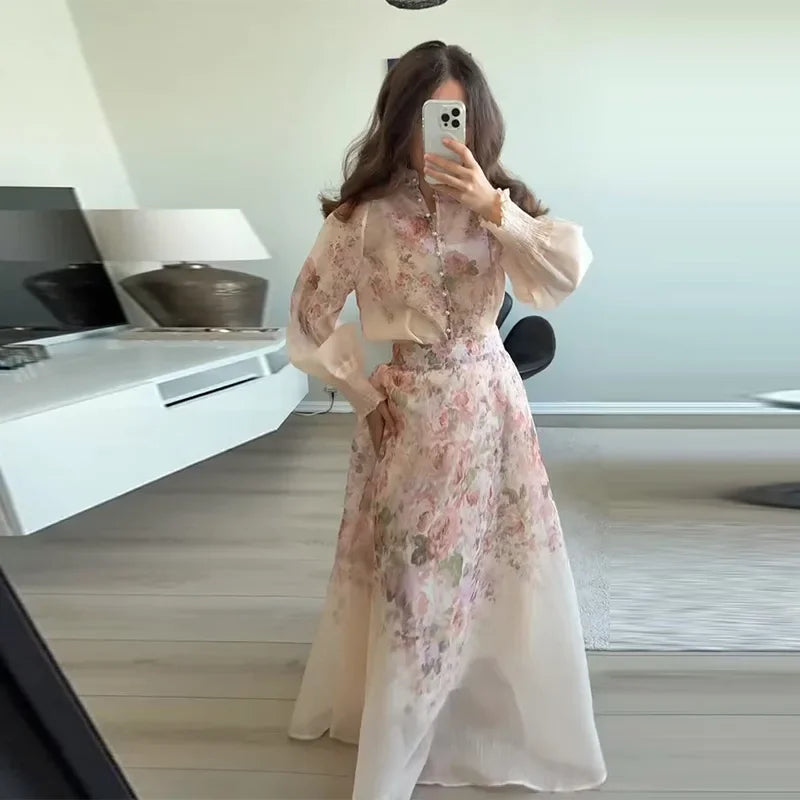 Floral Printed Two-Piece Skirt Set – Loose Full Sleeve Shirt & Pleated Maxi Skirt