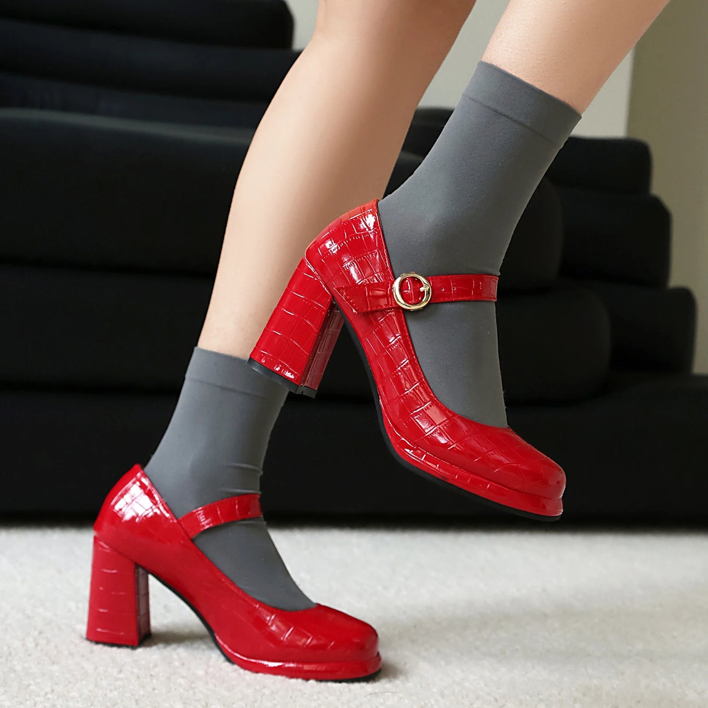 Women’s Platform Strappy Mary Jane Heels – Black & Red Patent Alligator Print – Sizes 31–50
