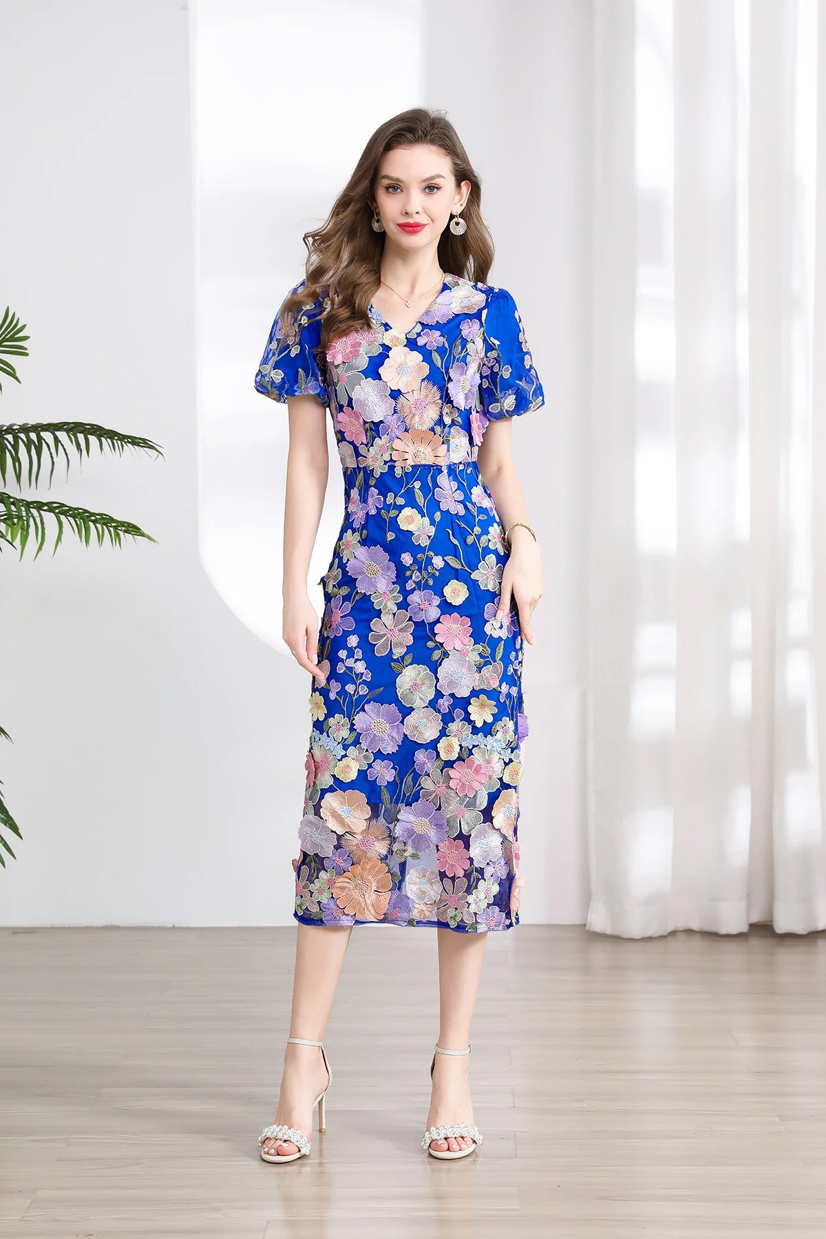 Summer High-end Embroidery Lace Prom Dress Women French Luxury 3D Flower Short Sleeve Long Dress Party Bodycon Holiday Vestido
