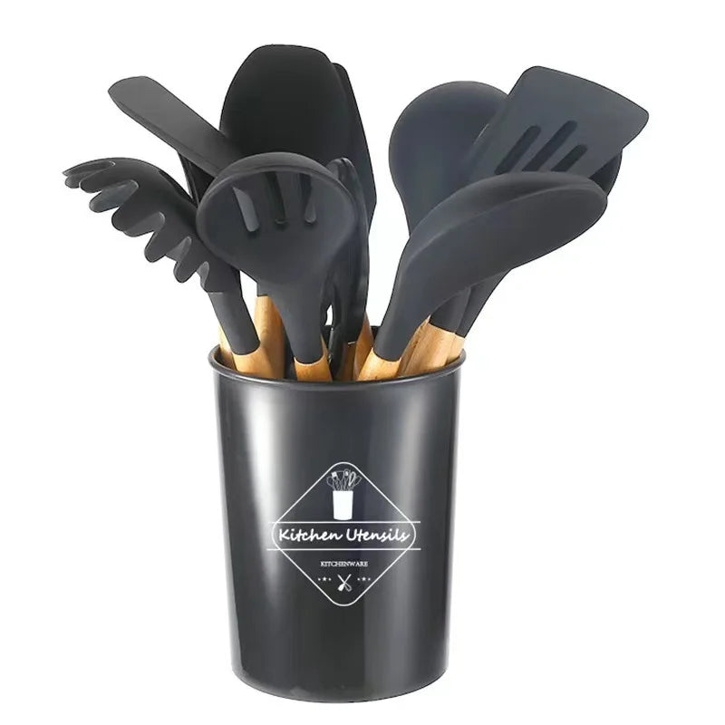 12Pcs Silicone Kitchen Utensils Cooking Wooden Handle Non Stick Pot Kitchenware Set Storage Bucket Silicone Kitchen Utensils