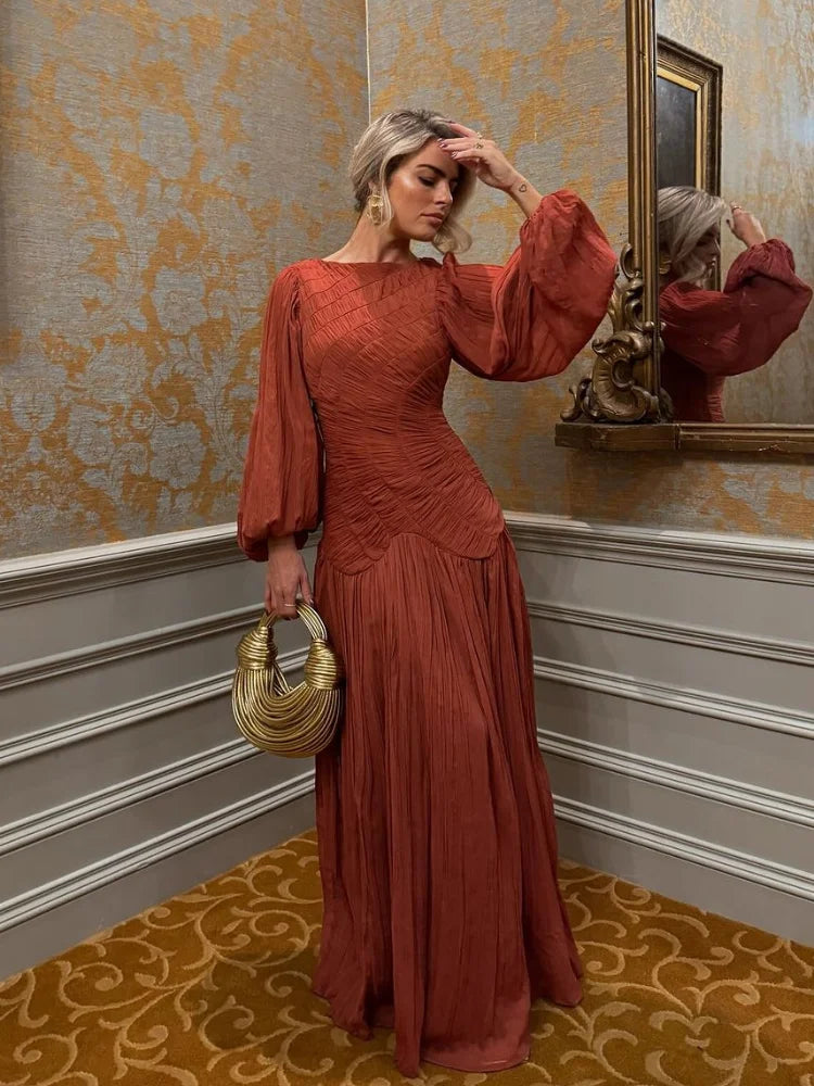 Elegant Pleated Lantern Sleeve Mid-Calf Dress – Women’s O-Neck Holiday Beach Outfit