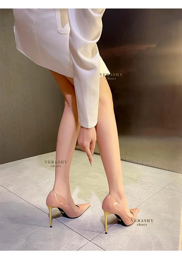 Green Shoes Quality Woman Pumps Patent Leather High Heels Sexy Party Shoes Metal Stilettos Luxury Wine red High-heeled Shoes