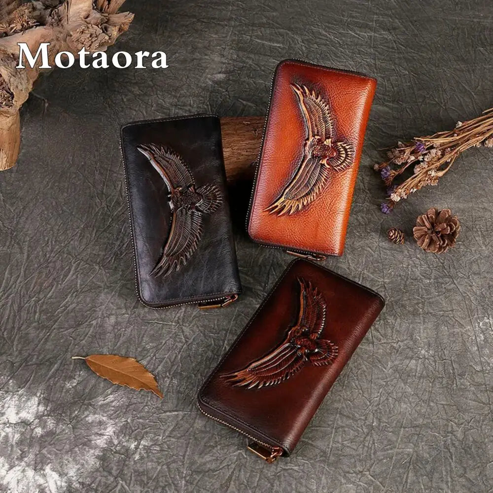 MOTAORA Genuine Leather Wallet for Men & Women Large Capacity Embossed Bifold Coin Purse with Zipper RFID Card Holder Zip Bag