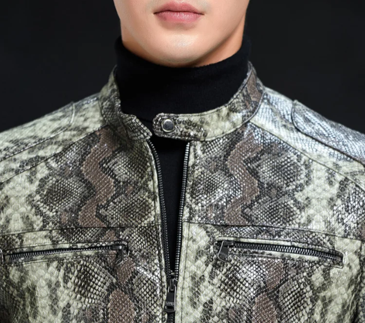 Men’s Python Pattern Sheepskin Leather Jacket – Slim Fit Stand Collar Moto Biker Coat